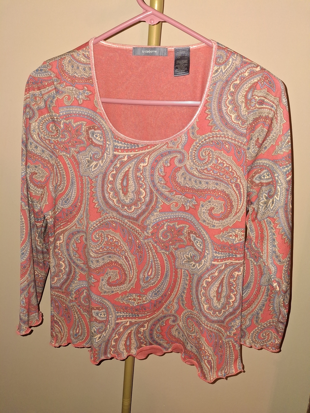 Liz Claiborne Coral Paisley Scoop-Neck Long Sleeve Top